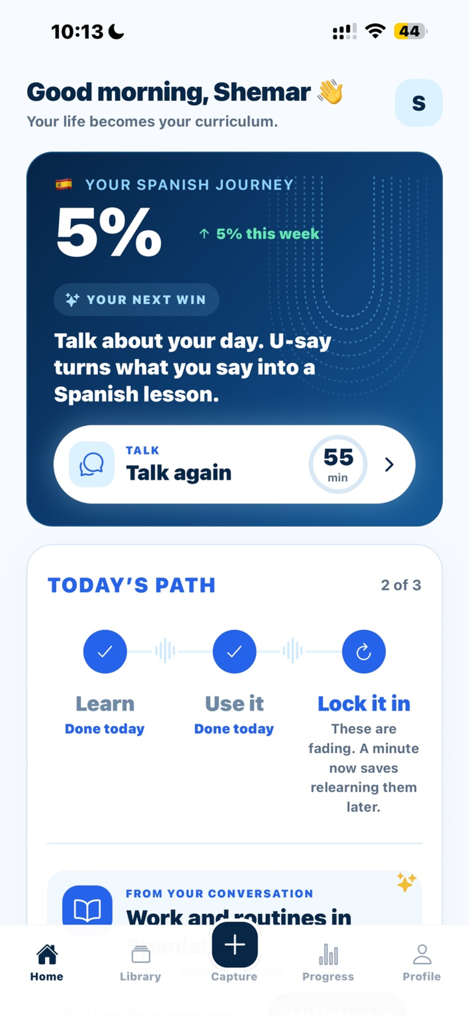 U-Say home dashboard showing the learner's Spanish journey